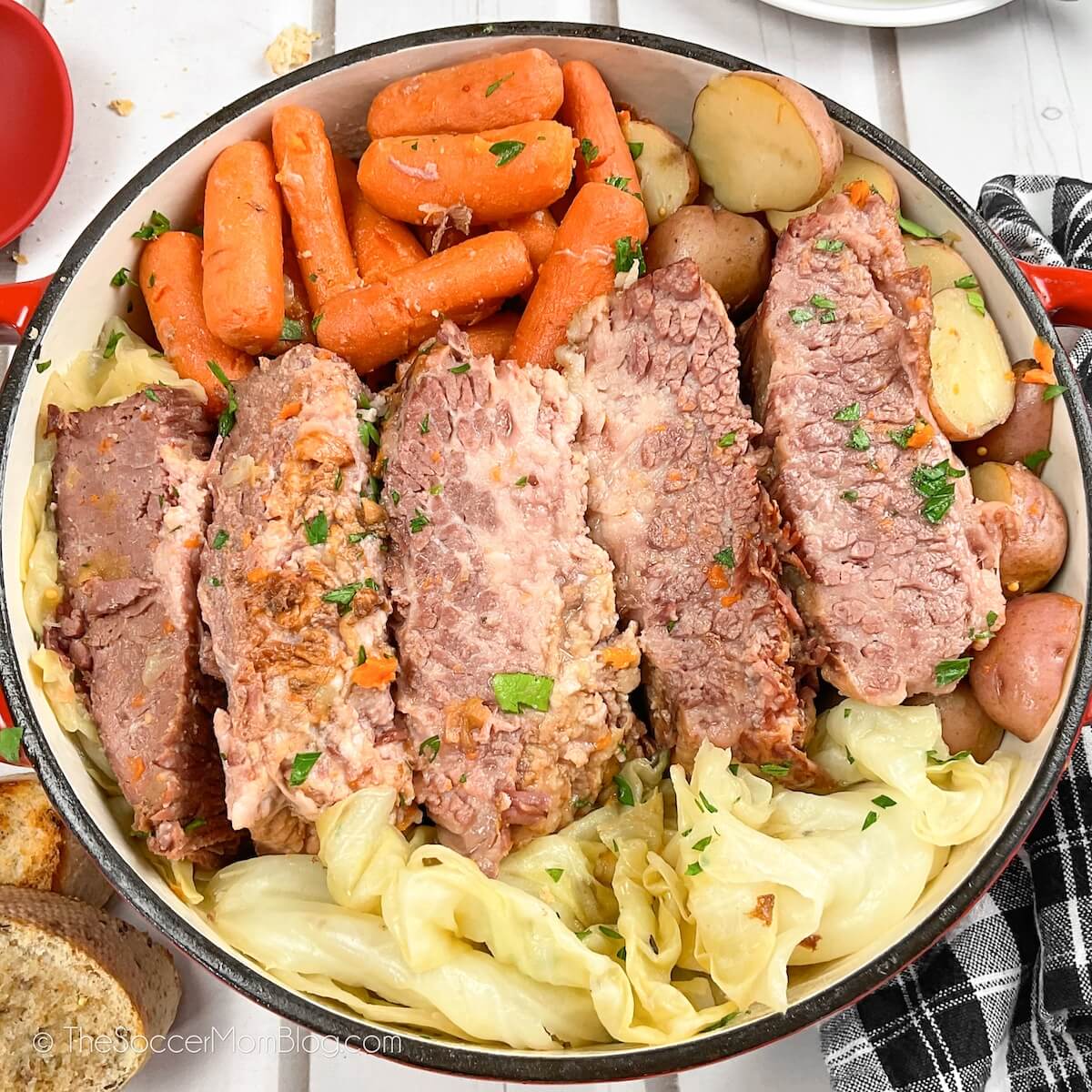 Close up of Dutch Oven Corned Beef, with vegetables