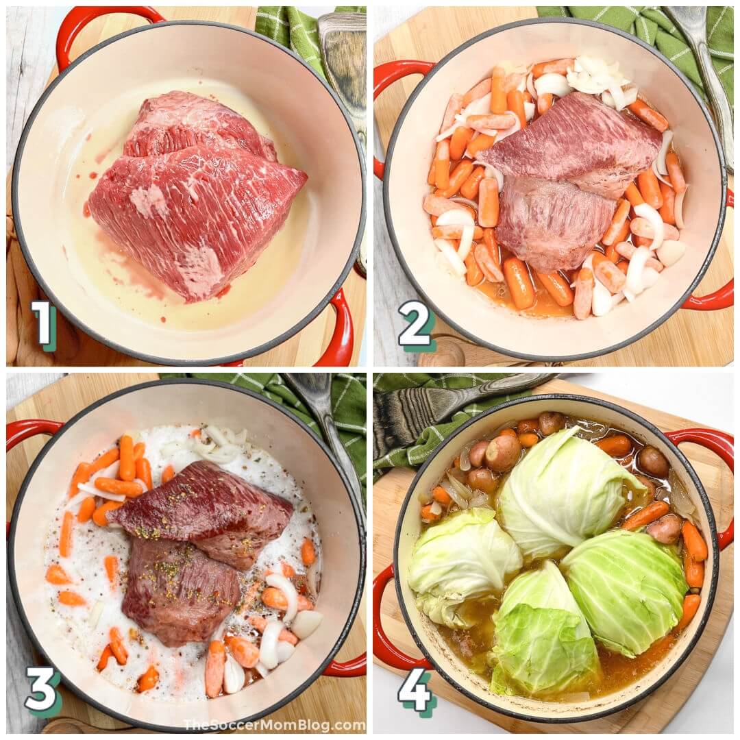 4 step photo collage showing how to make corned beef and cabbage in a dutch oven pot
