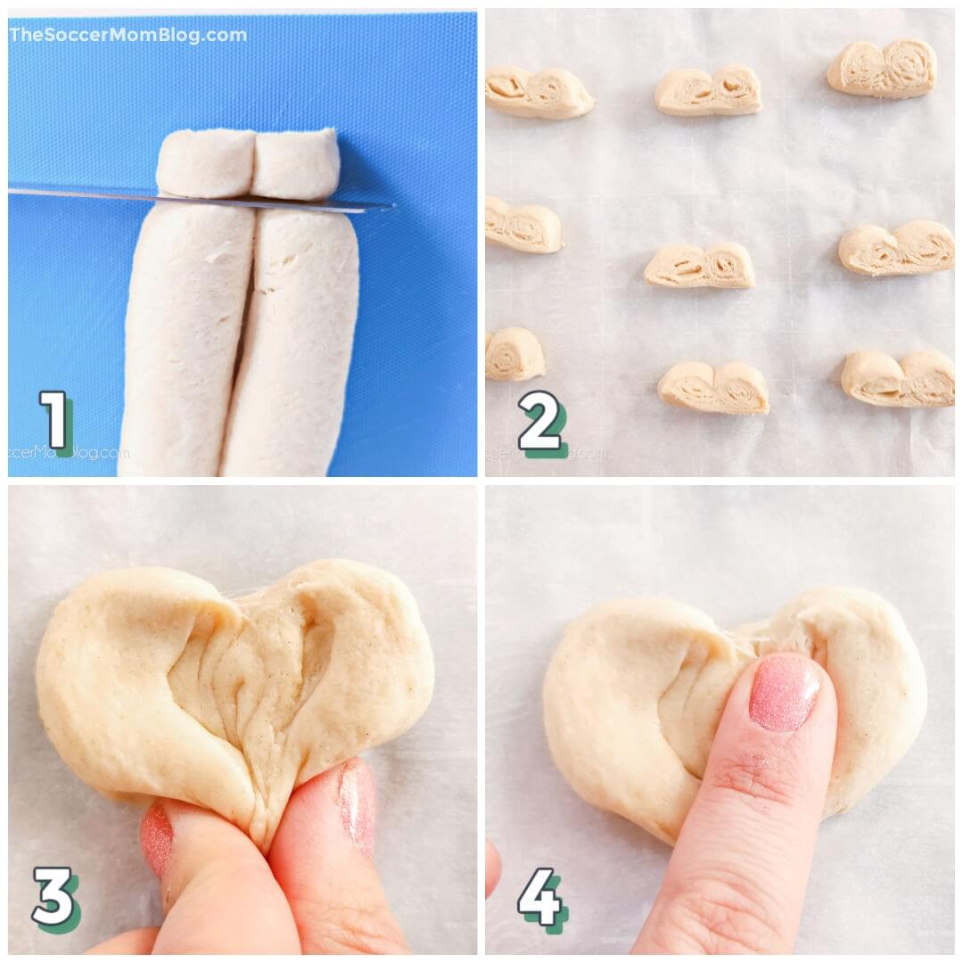 4 step photo collage showing how to cut and shape crescent dough into hearts