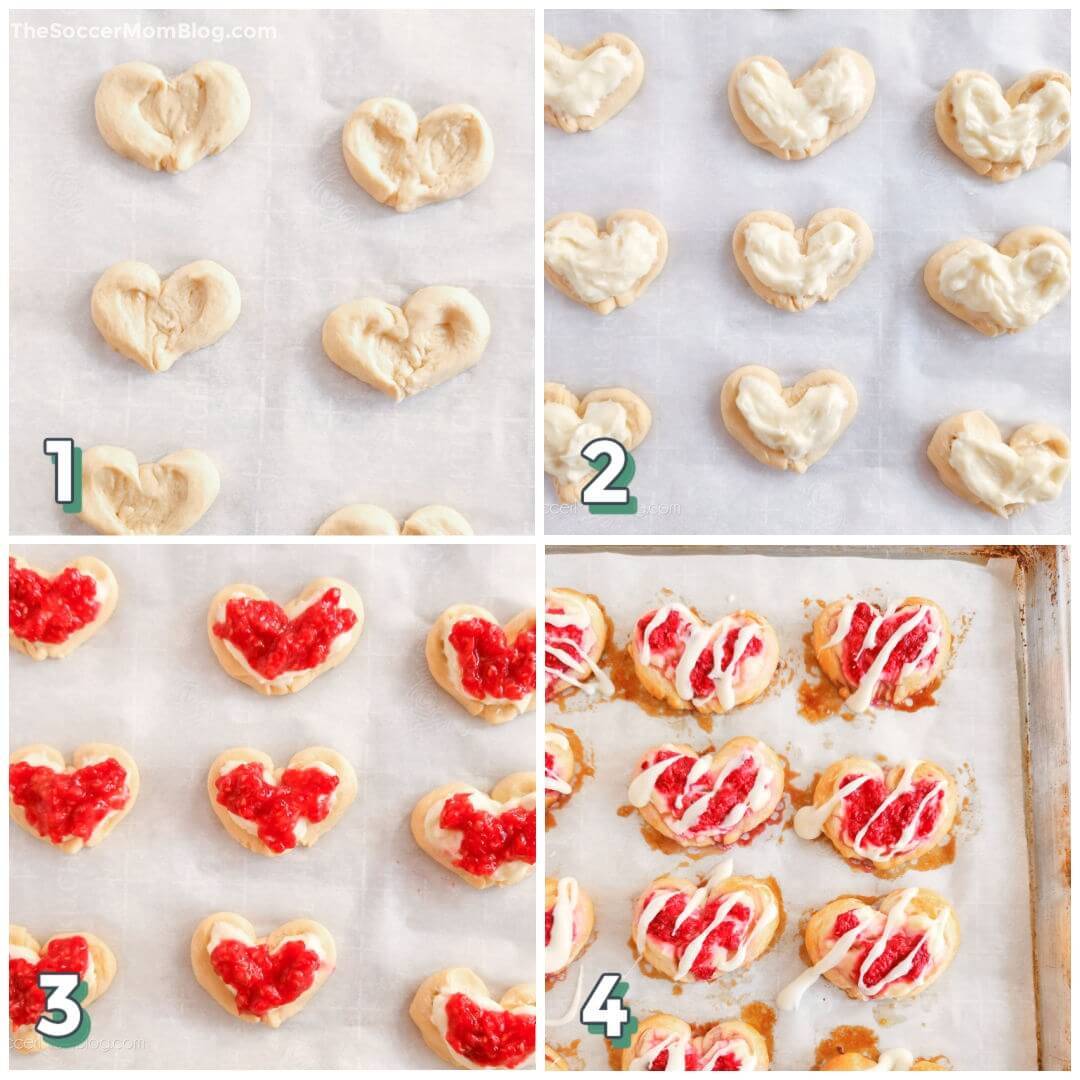 4 step photo collage showing how to add cream cheese and fruit filling to heart shaped danishes
