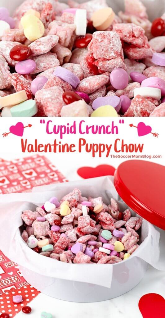 2 photo Pinterest collage of Cupid Crunch Valentine Puppy Chow recipe