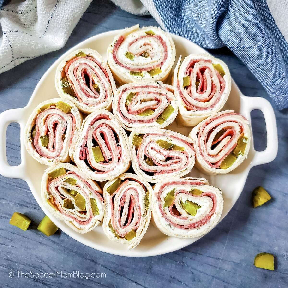 Dill Pickle Pinwheels on a serving tray, top down view