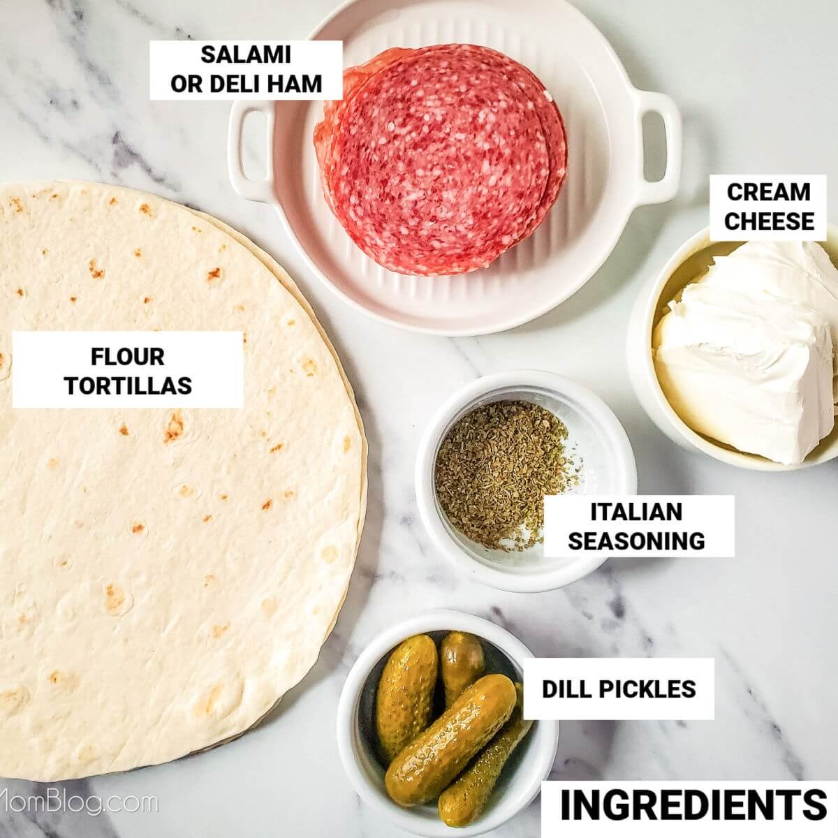 Dill Pickle Pinwheels Ingredients, with text labels