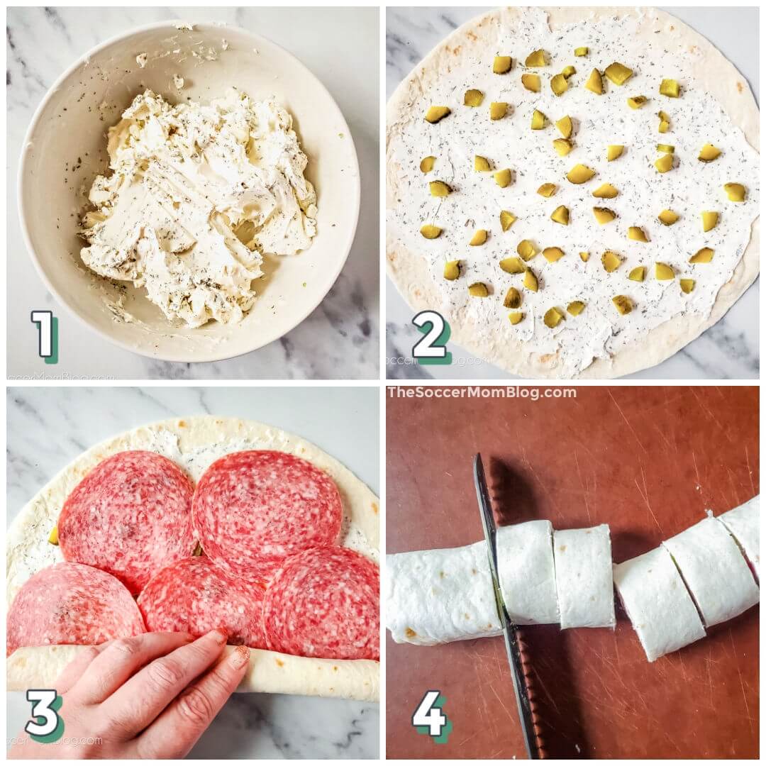 4 step photo collage showing how to make dill pickle roll ups with cream cheese and salami