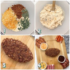 4 step photo collage showing how to make a football shaped cheeseball
