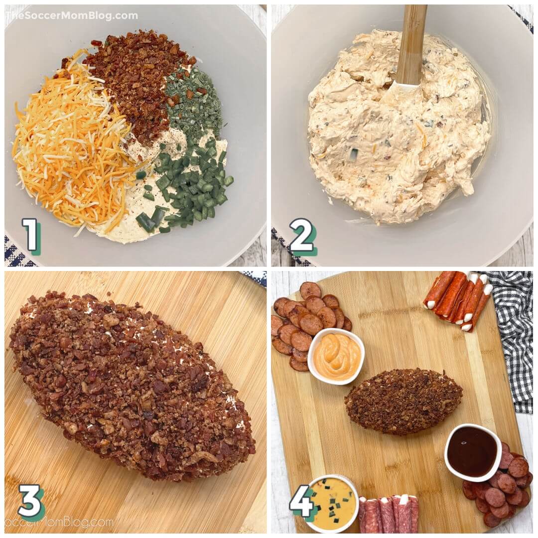 4 step photo collage showing how to make a football shaped cheeseball