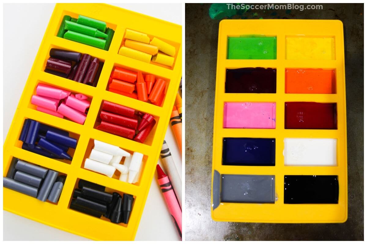 2 step photo collage showing how to melt old crayons in a mold to make LEGO crayons
