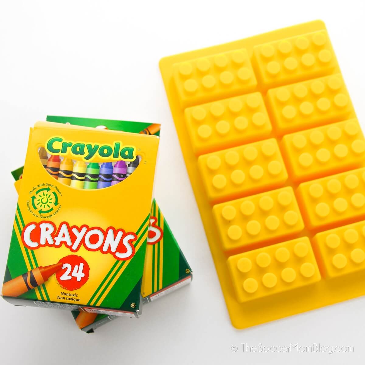 Pack of Crayola crayons and a LEGO silicone mold