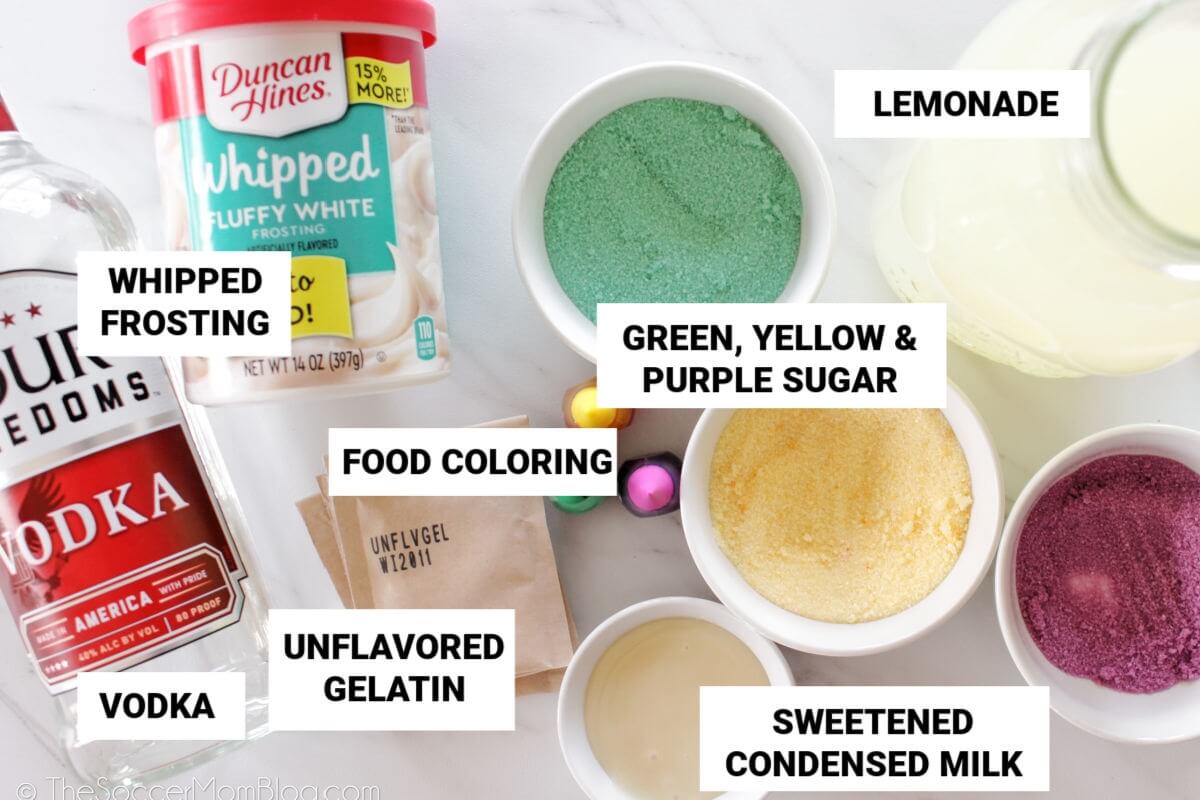 Mardi Gras Jello Shots Ingredients, with text labels