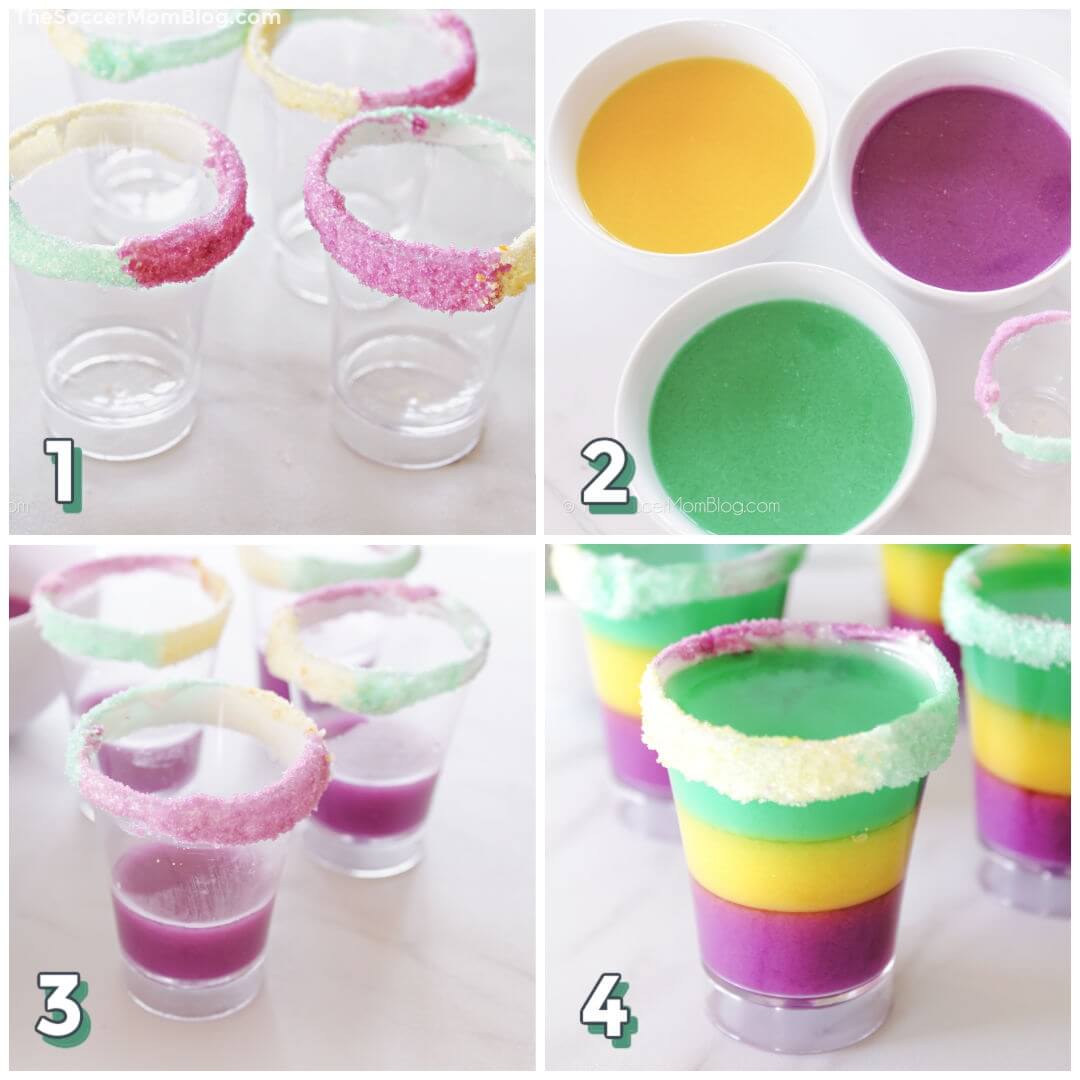 4 step photo collage showing how to make layered Mardi Gras Jello Shots