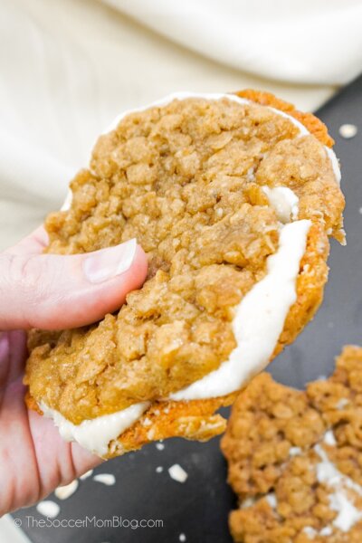 A Homemade Oatmeal Cream Pie in hand