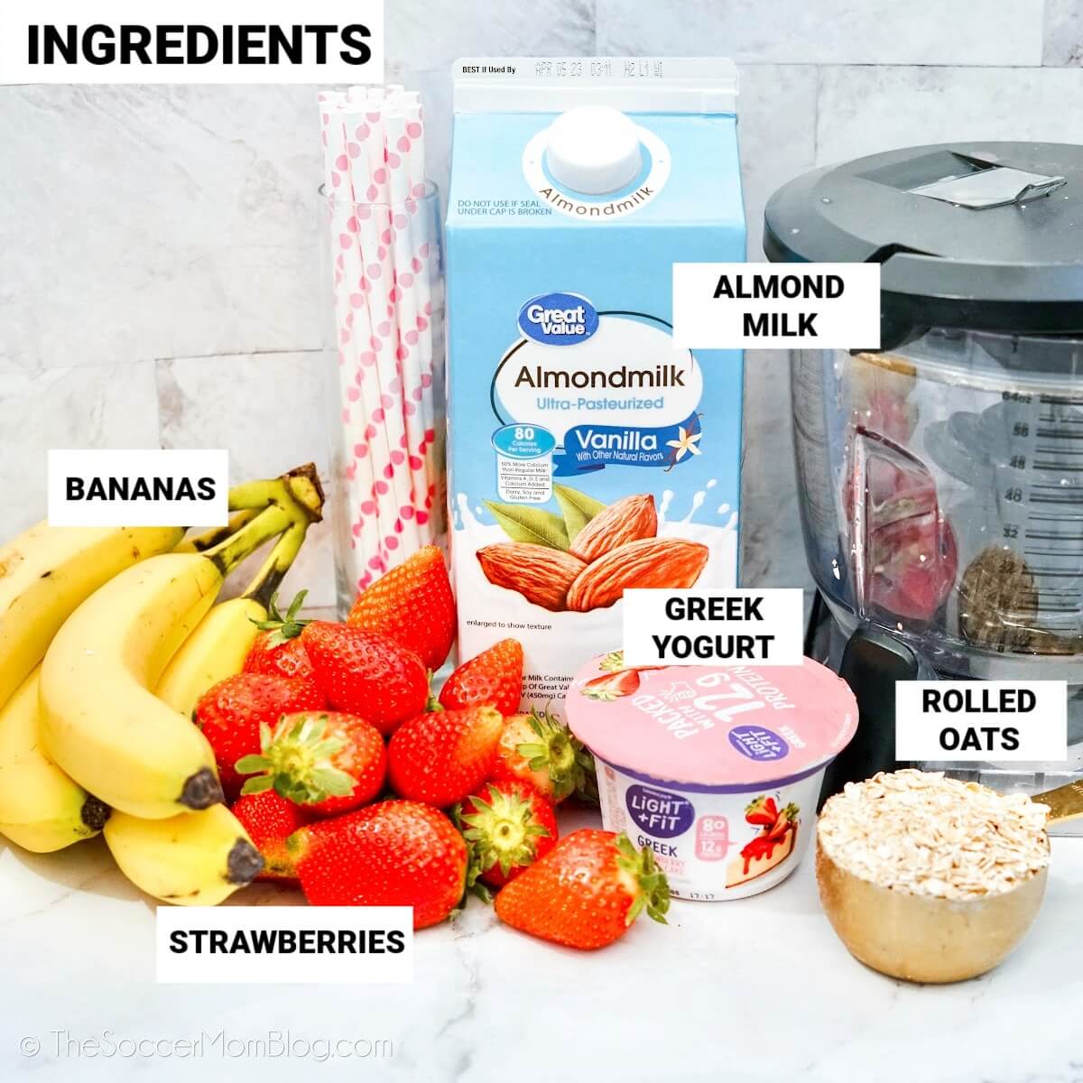 Strawberry Banana Oatmeal Smoothie Ingredients, with text labels