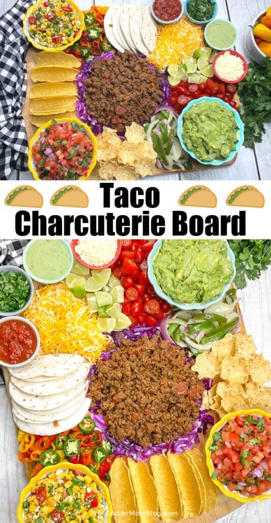 2 photo Pinterest collage showing a taco charcuterie board