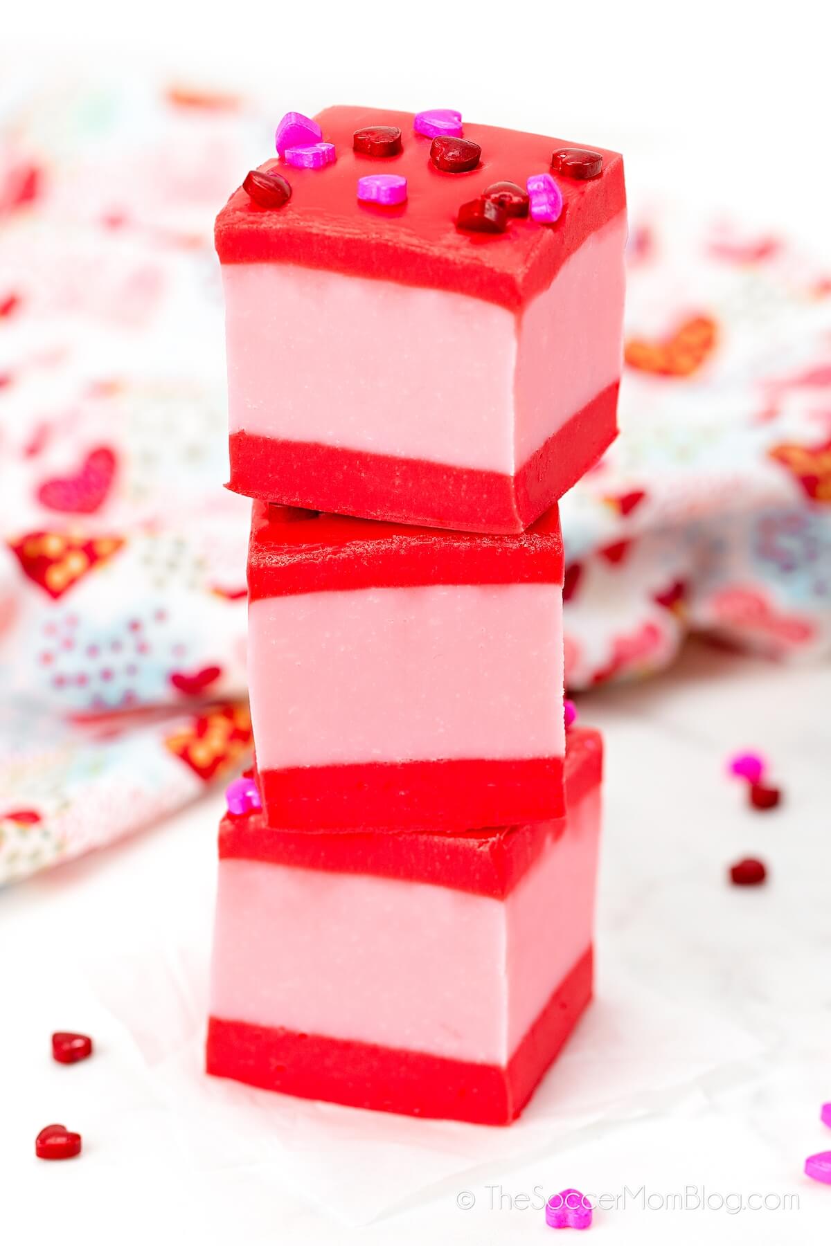 stack of red and pink striped Valentine's Day fudge