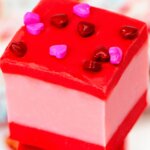close up of a square of red & pink Valentine fudge