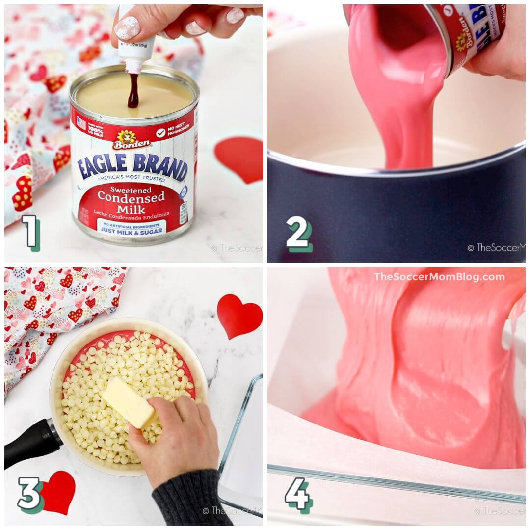4 step photo collage showing how to make pink fudge