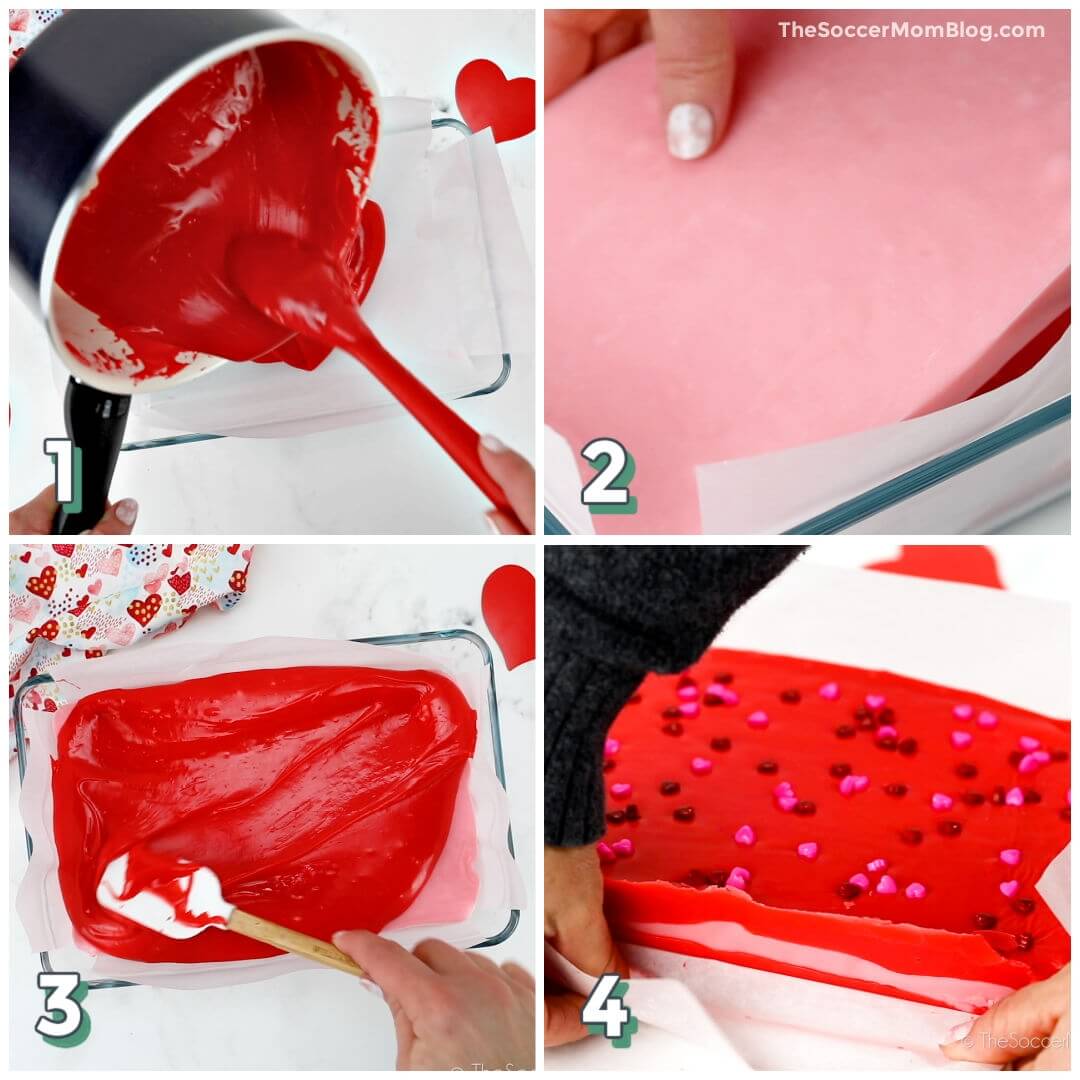 4 step photo collage showing how to make layered Valentine fudge