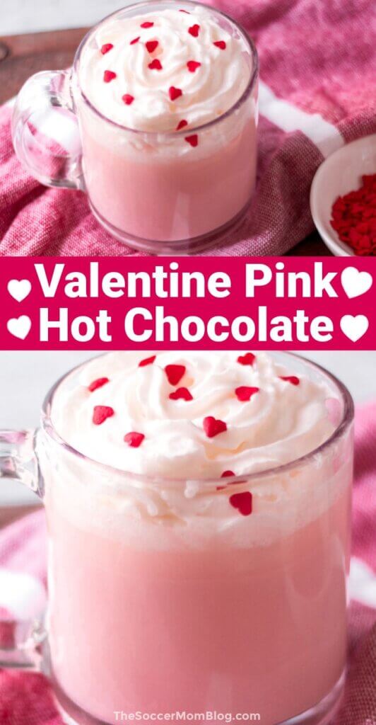 2 photo Pinterest collage of pink hot chocolate