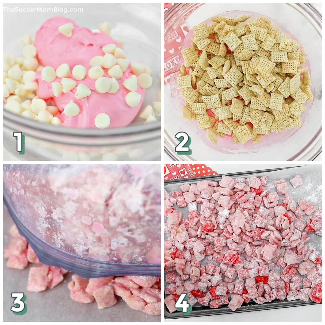 4 step photo collage showing how to make Valentine muddy buddies snack mix