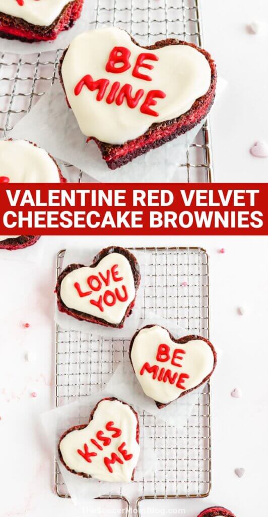 2 photo Pinterest collage of Red Velvet Cheesecake Brownie Hearts