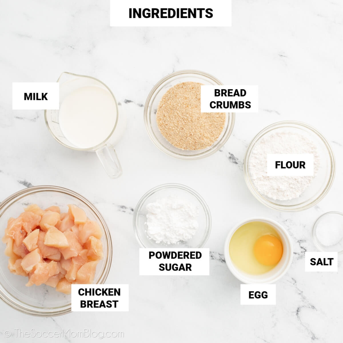 ingredients to make homemade Chick-Fil-A chicken nuggets, with text labels