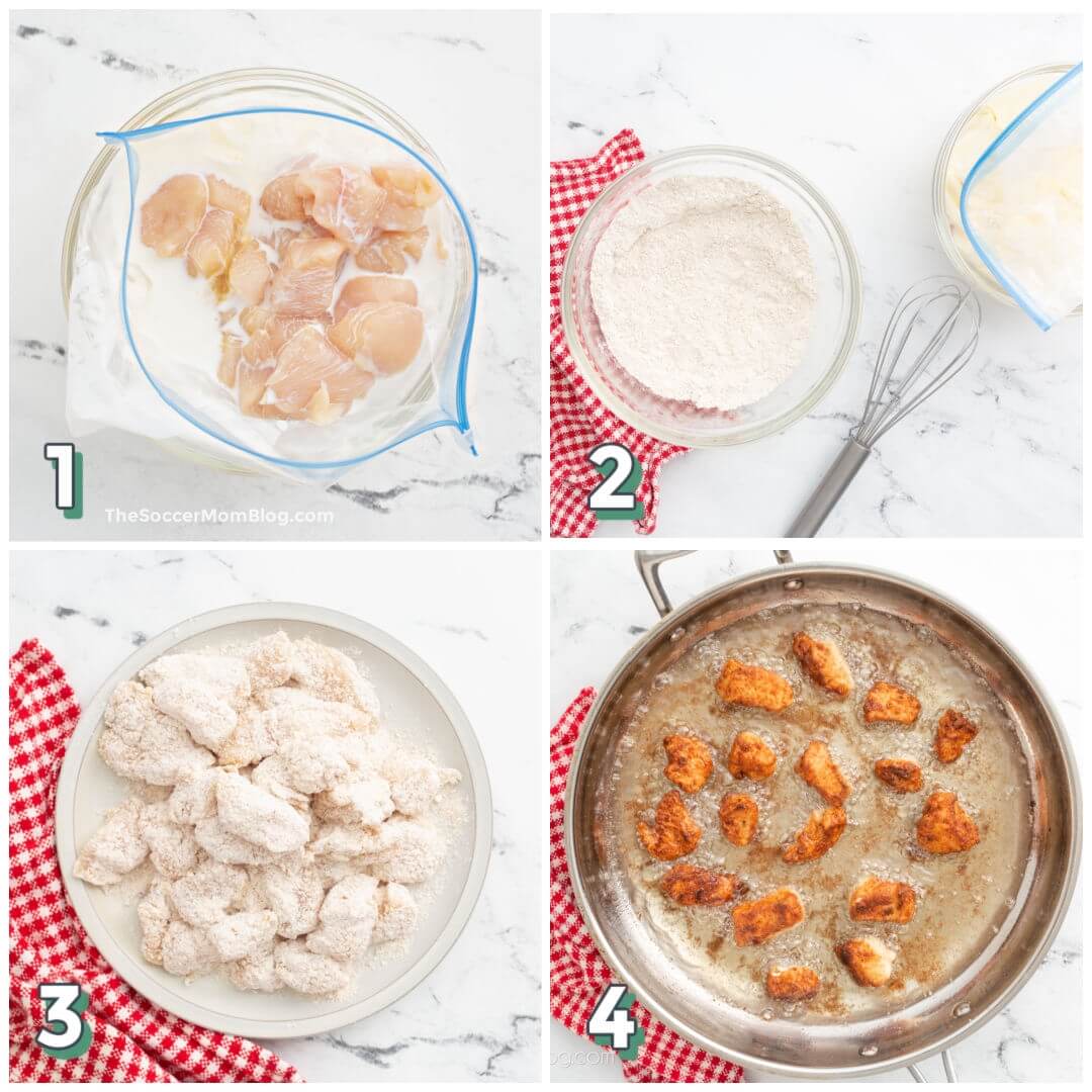 4 step photo collage showing how to make Chick-Fil-A nuggets at home