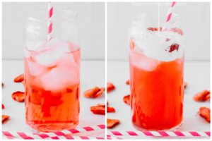 2 photo collage showing how to make Starbucks pink drink at home