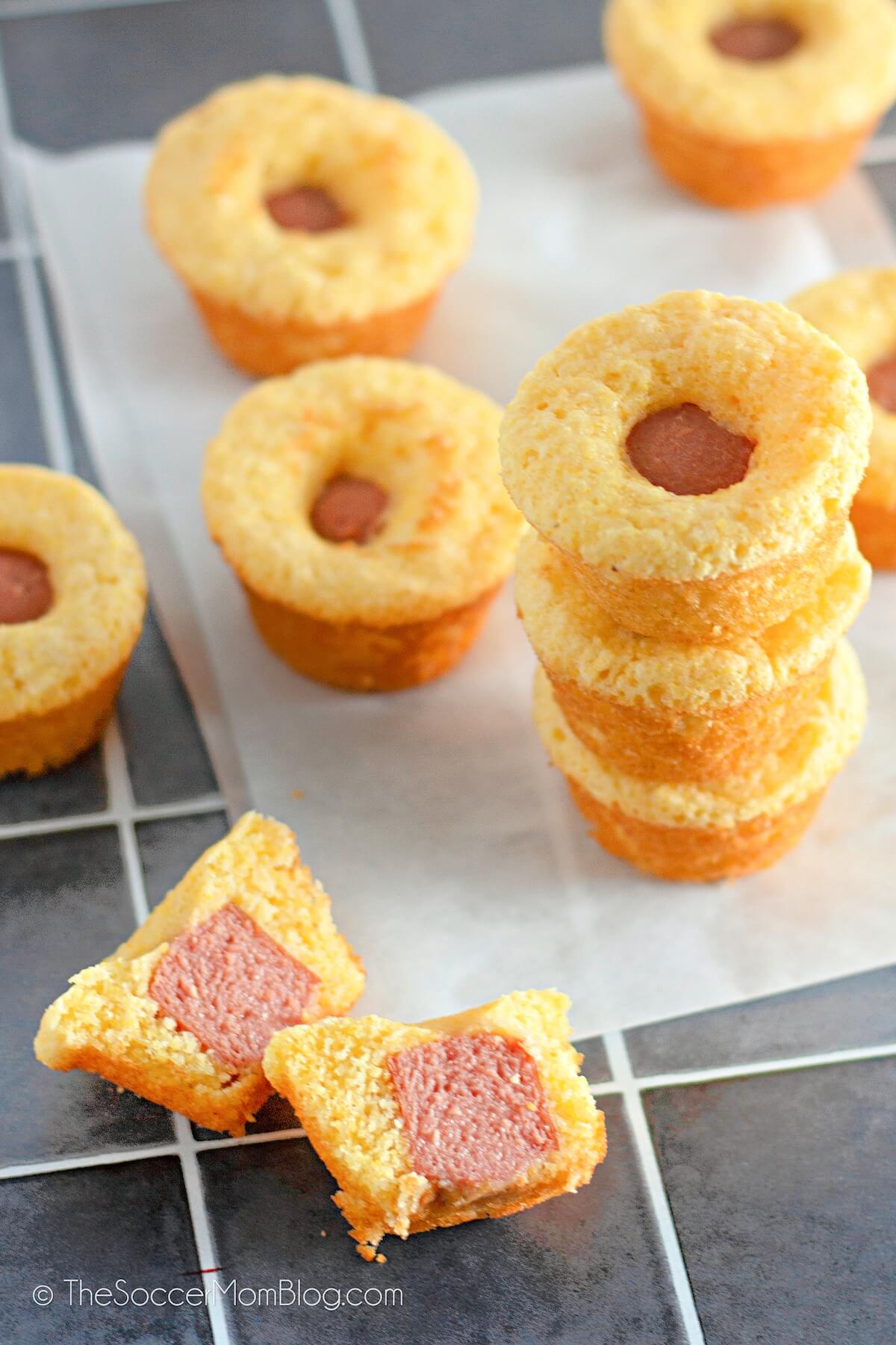 mini cornbread muffins with hot dog in the middle