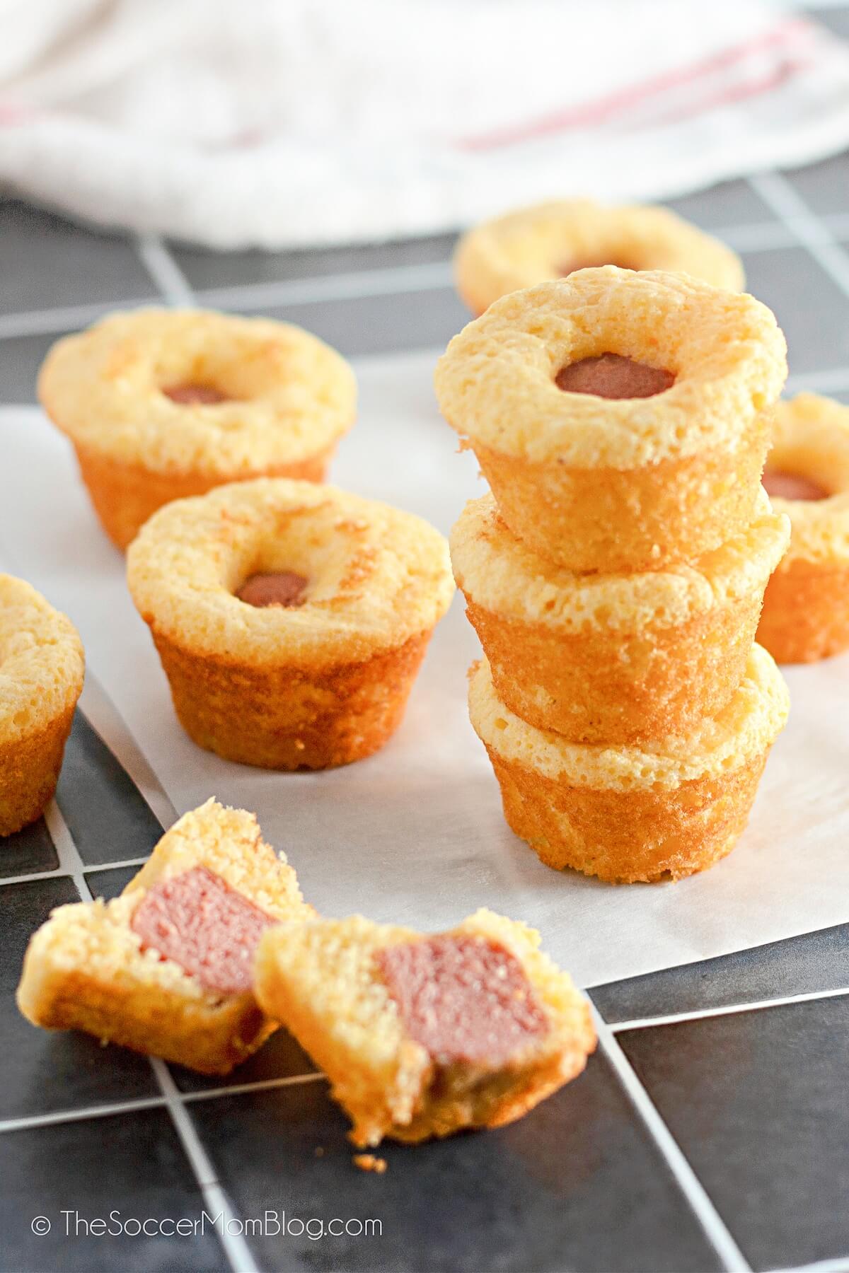 Mini Corn Dog Muffins on a sheet of wax paper, close up to show detail