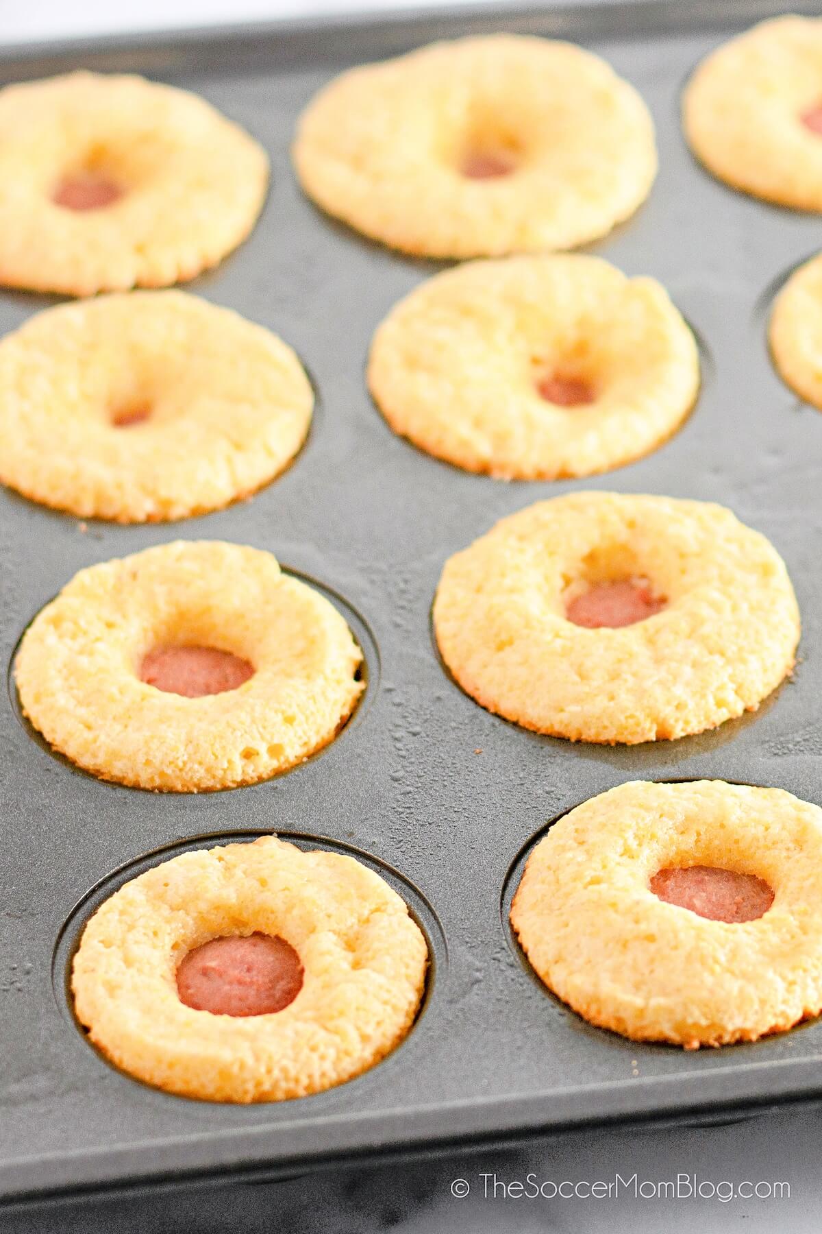 Mini Corn Dog Muffins in a muffin tray