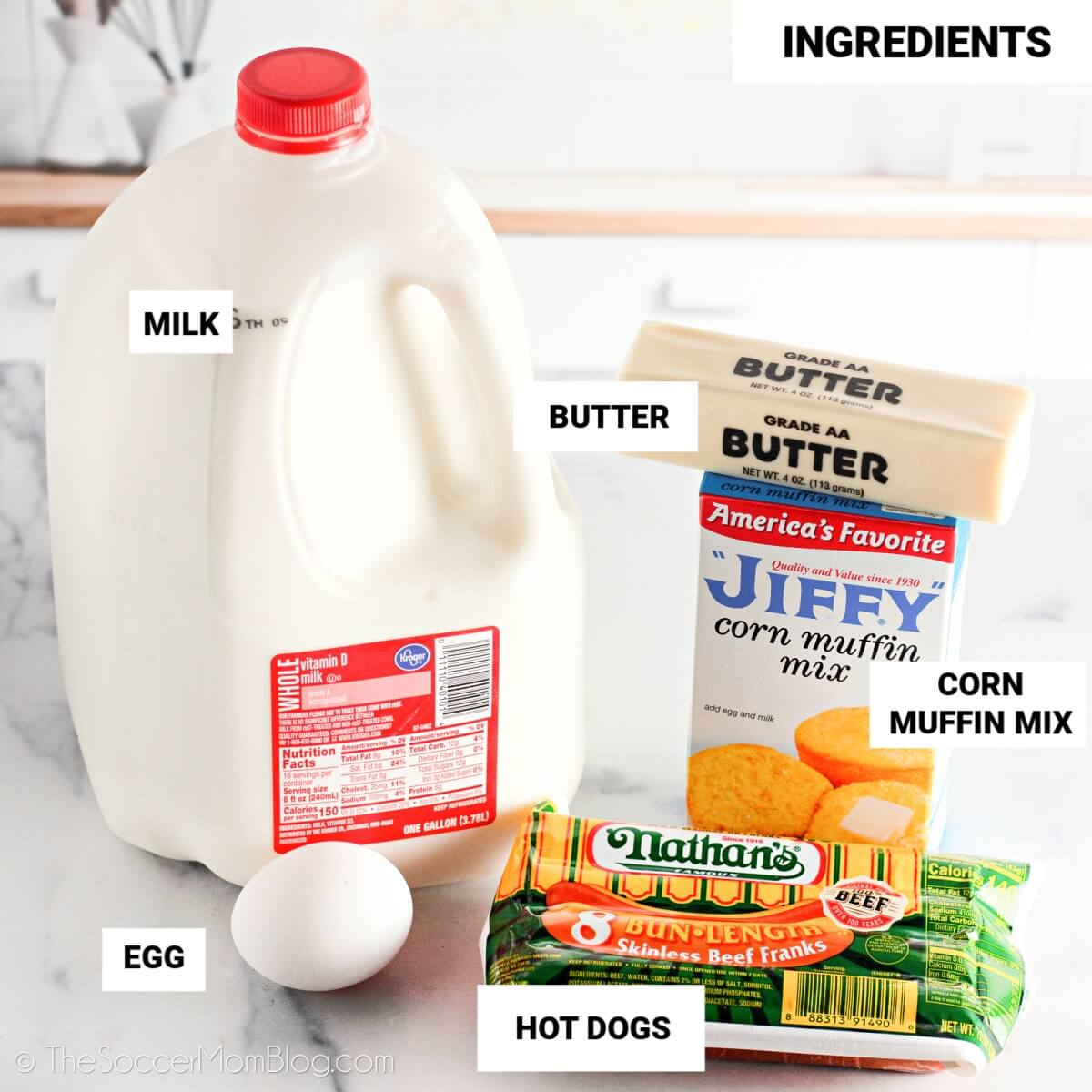 ingredients to make corndog muffins, with text labels