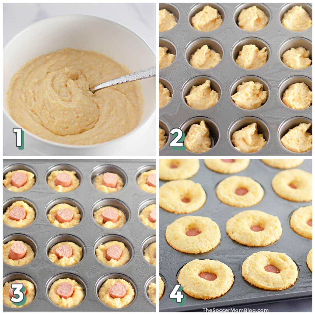 4 step photo collage showing how to make corn dog muffins