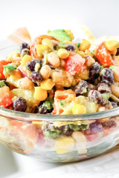 Cowboy Caviar dip in glass bowl, close up for detail
