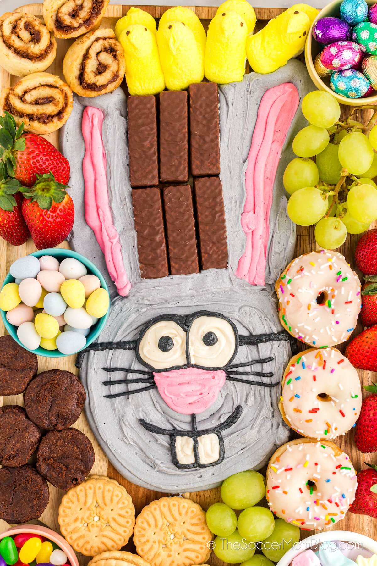 Easter bunny dessert charcuterie board made with frosting