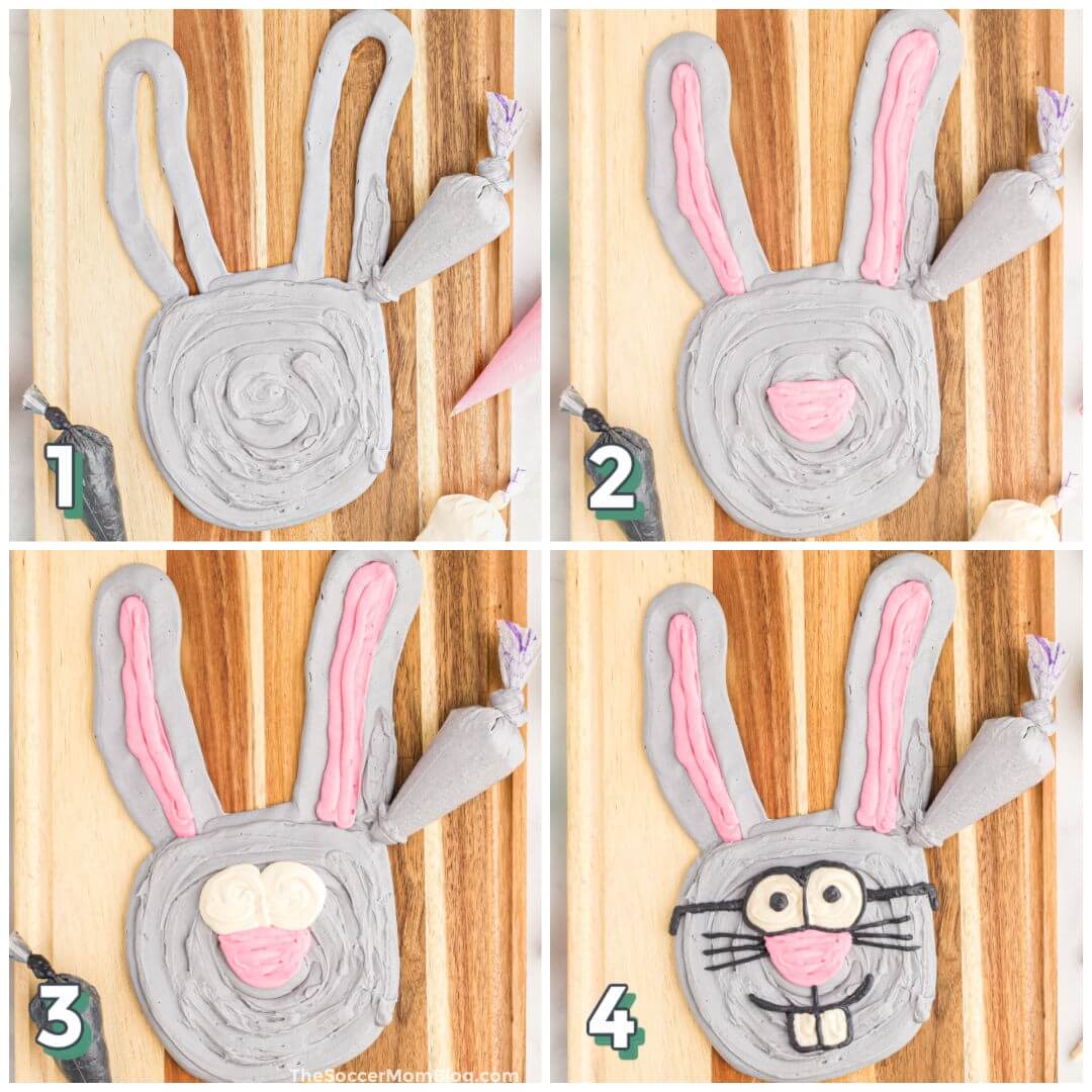 4 step photo collage showing how to pipe a bunny face with frosting