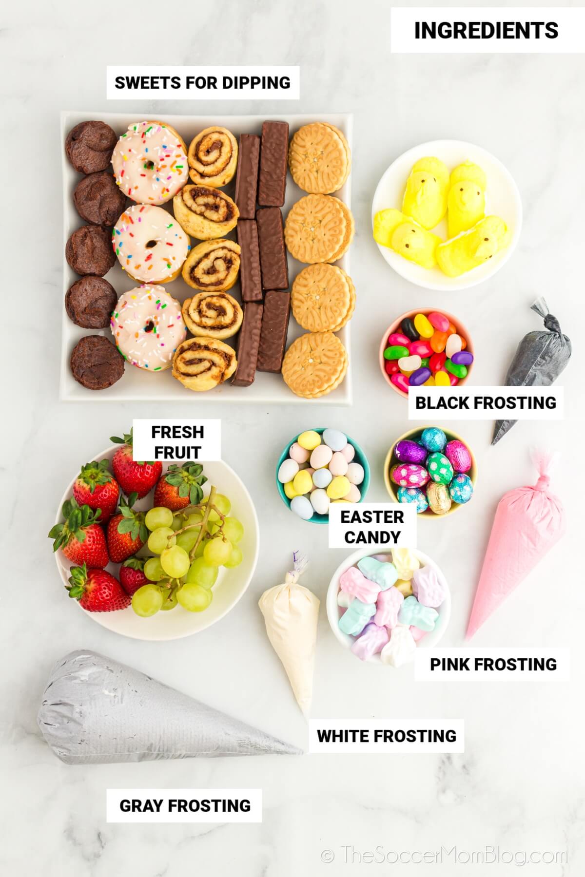 ingredients to make an Easter dessert board, with text labels