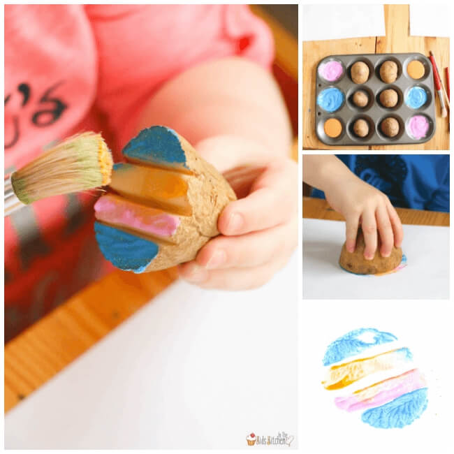 photo collage of a child painting with a potato stamp