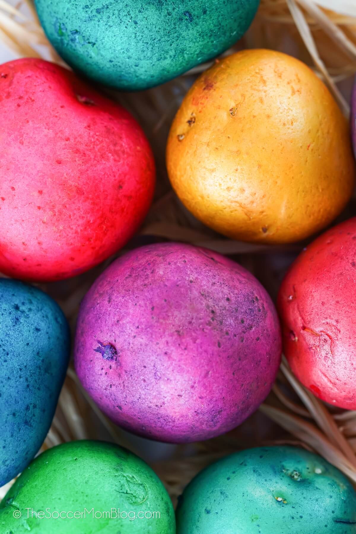 close up of colorful dyed Easter egg potatoes