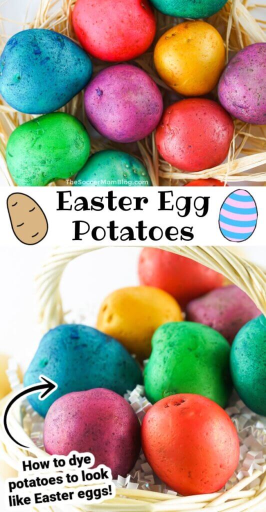 2 photo vertical Pinterest collage of Easter egg potatoes