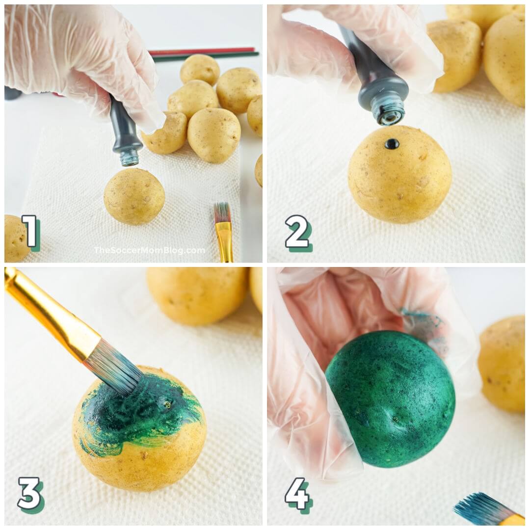 4 step photo collage showing how to color potatoes like Easter eggs