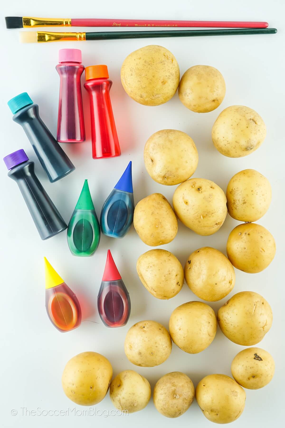 Yukon gold potatoes, food coloring, and paint brushes