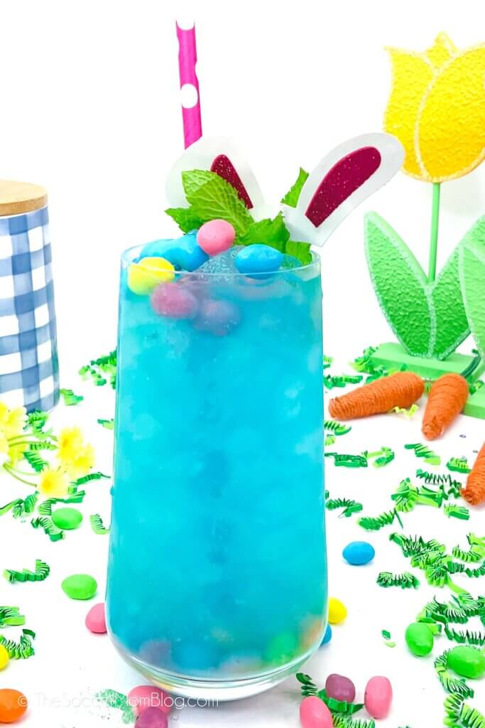bright blue cocktail topped with jelly beans