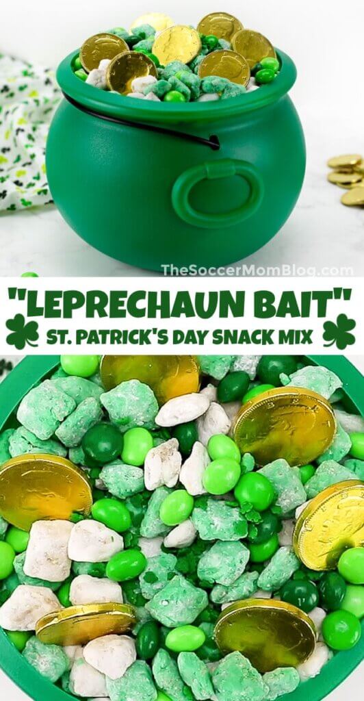 vertical Pinterest image of Leprechaun Bait snack mix