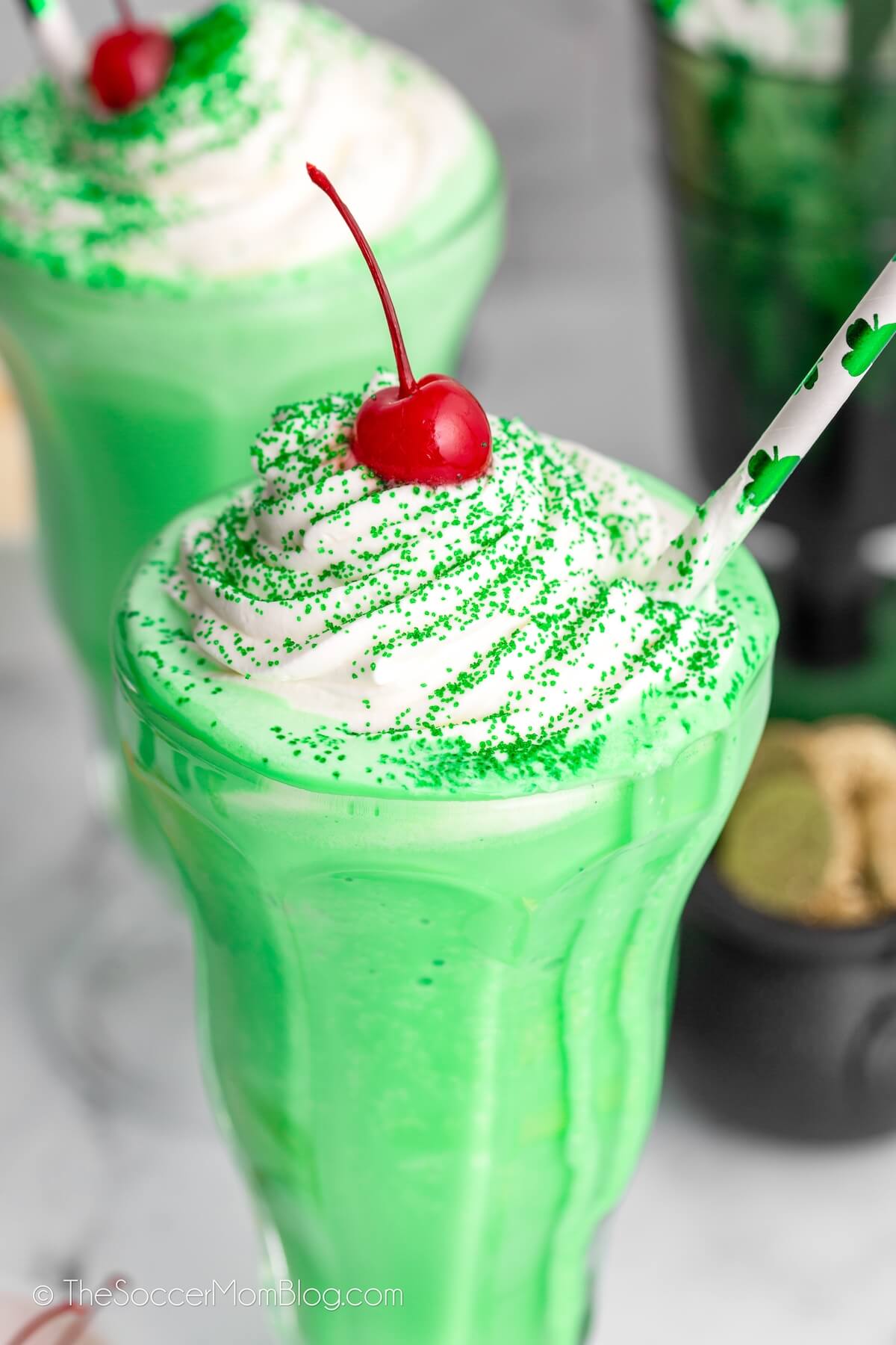 close up of green mint milkshakes