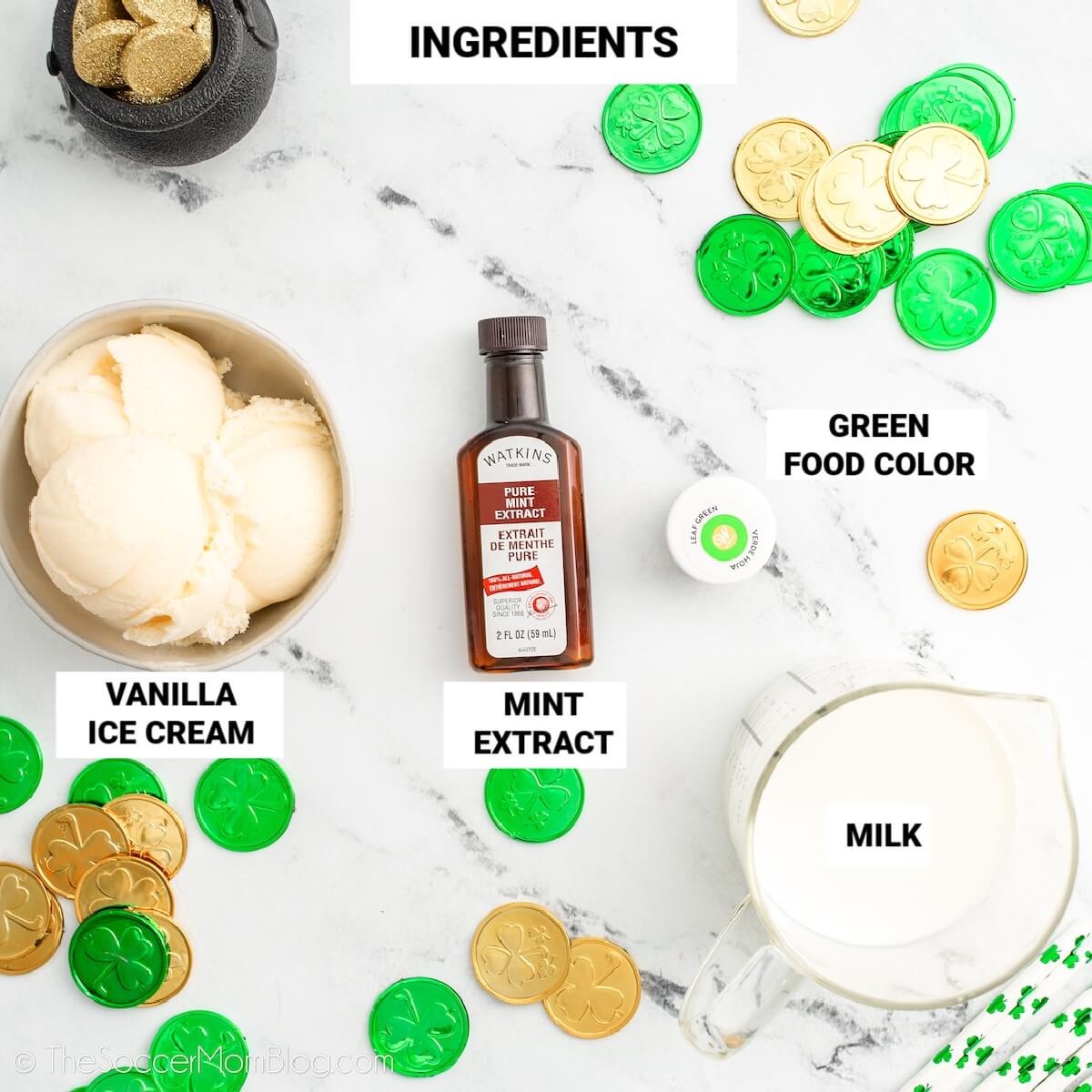 Shamrock shake ingredients, with text labels