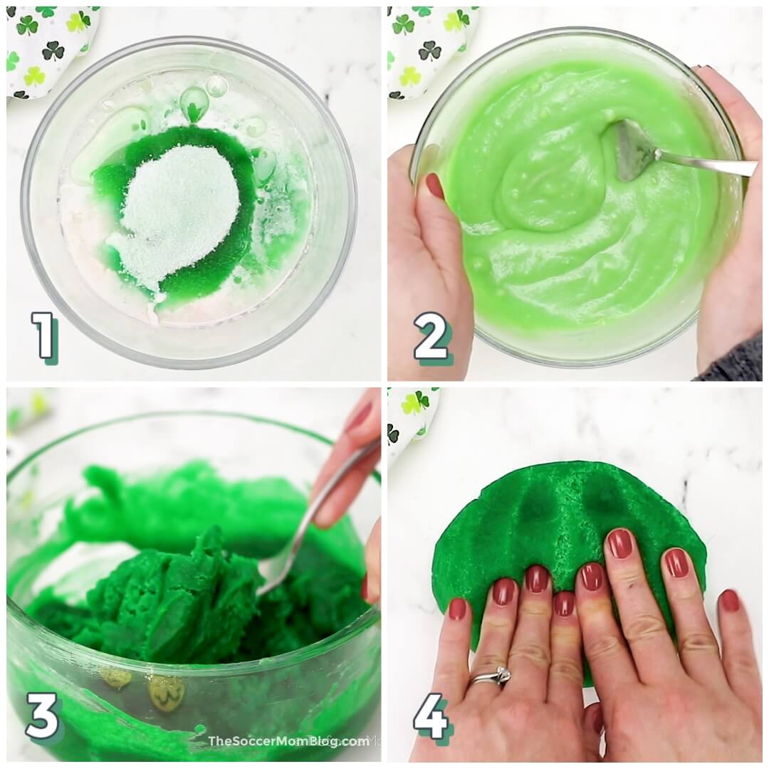 4 step photo collage showing how to make green homemade playdough