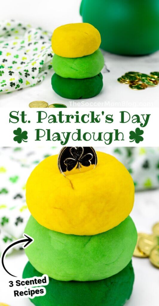 vertical Pinterest collage showing green, lime green, and gold St. Patrick's Day themed play doughs