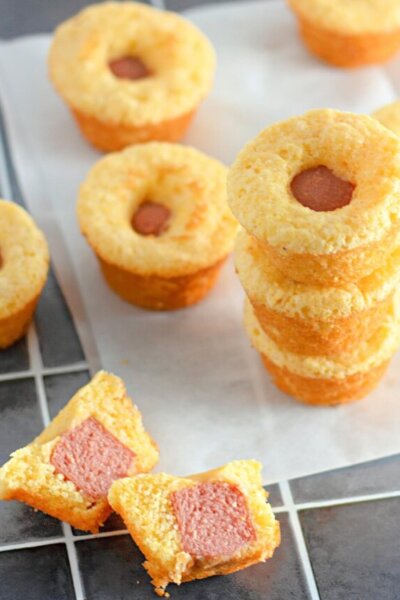 Mini Corn Dog Muffins on wax paper