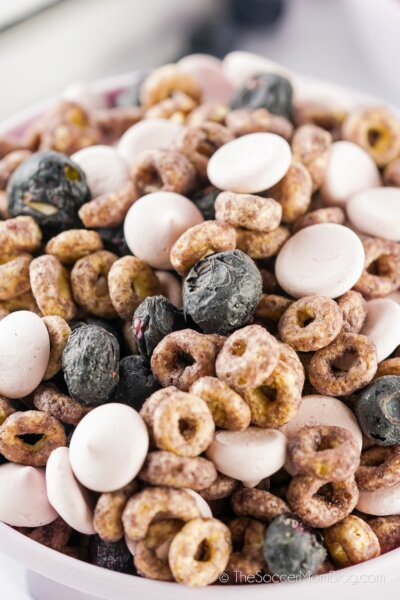 close up of baby trail mix made with Cheerios, yogurt melts, and blueberries