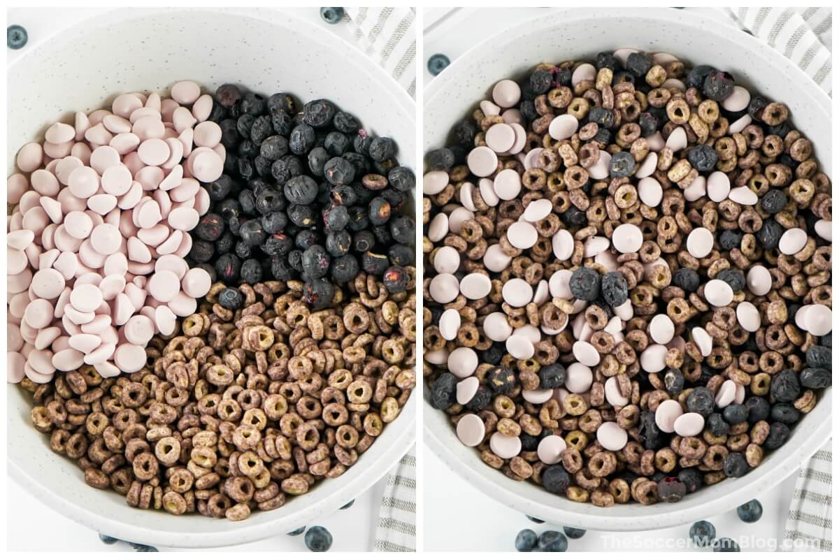 2 step photo collage showing how to mix a 3 ingredient toddler snack mix